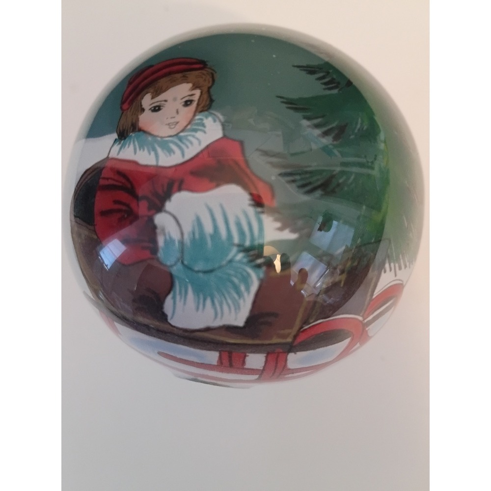 Vintage Style Christmas Ball Ornament Child with Sled and Tree Green Red Gold